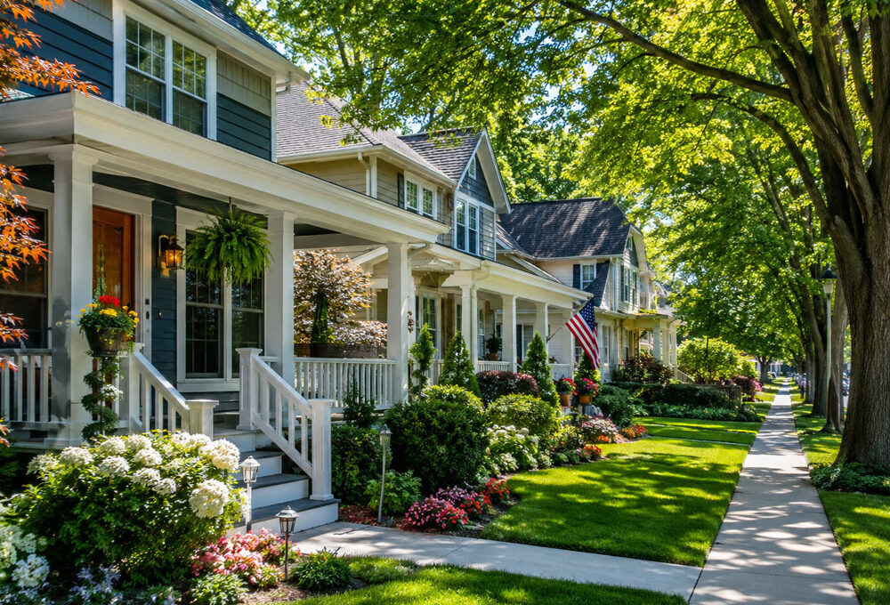 Sunny Suburban Street with Charming Porches